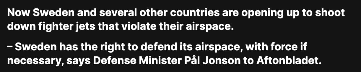 Sweden open to shooting down Russian jets violating airspace