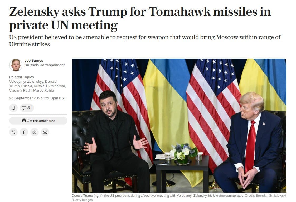 Zelensky privately requests Tomahawk missiles from Trump during UN meeting