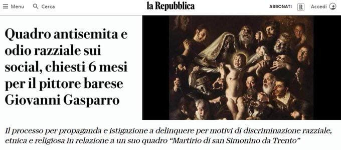 Italian prosecutors seek 6 months prison for painter Giovanni Gasparro for antisemitism