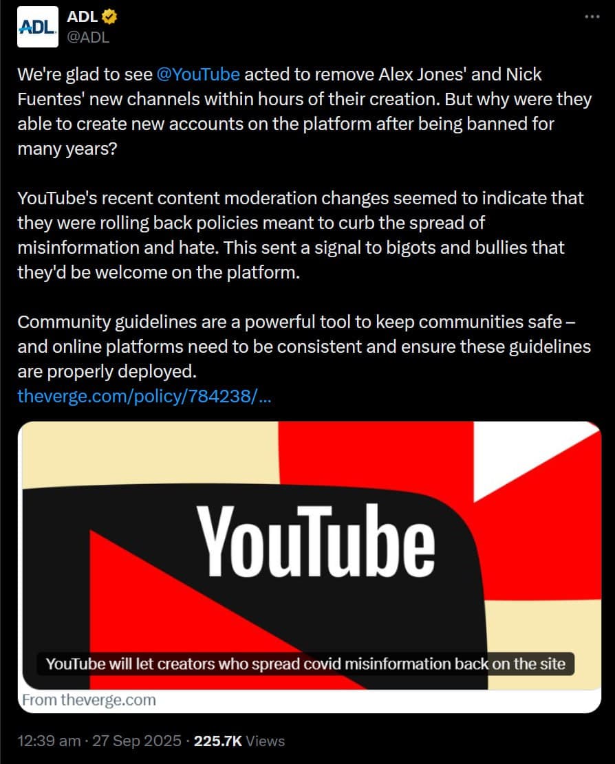 ADL thanks YouTube for terminating Alex Jones and Nick Fuentes' channels