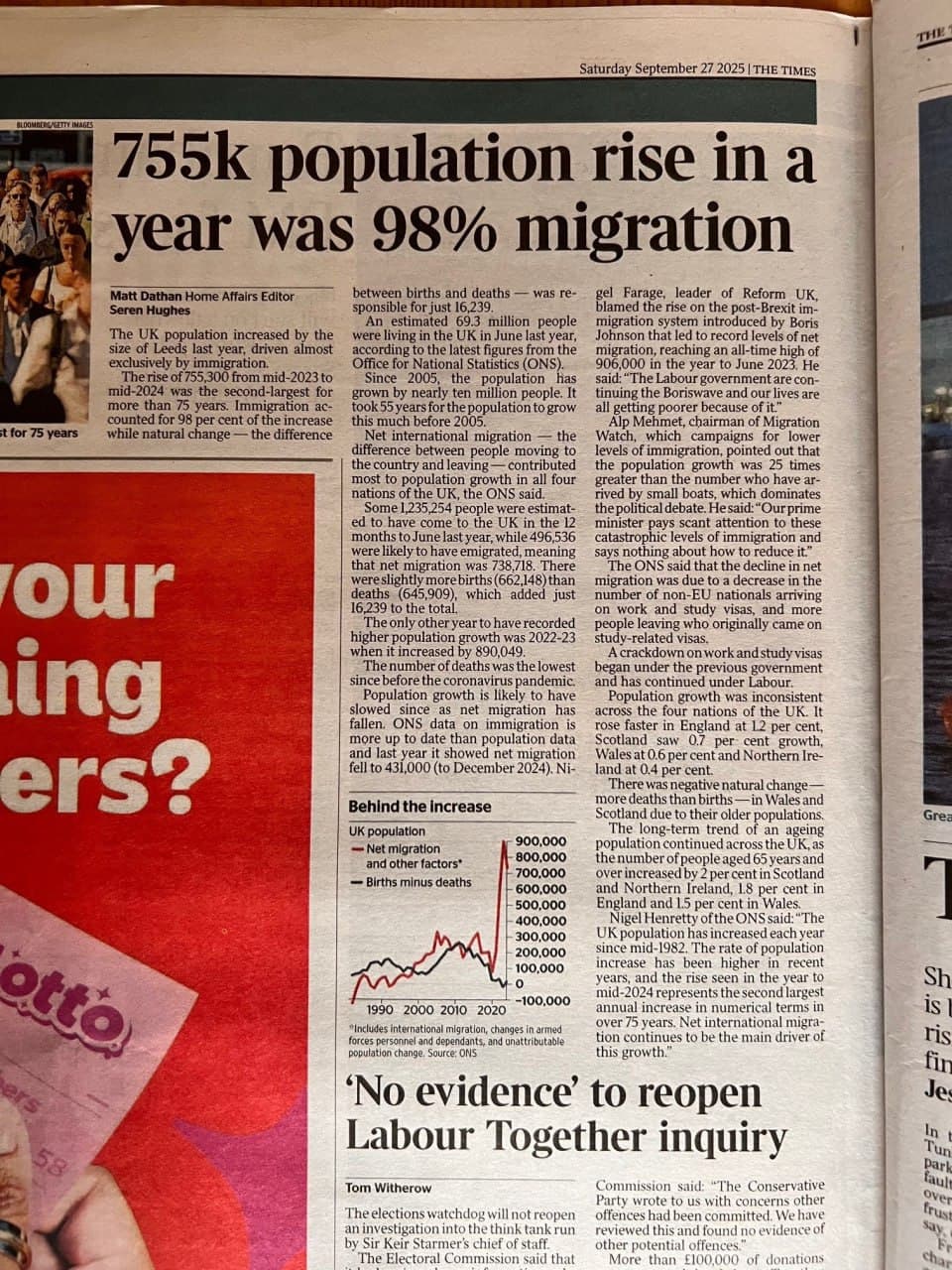 UK population grew by 755k from June 2023 to June 2024, 98% migrants