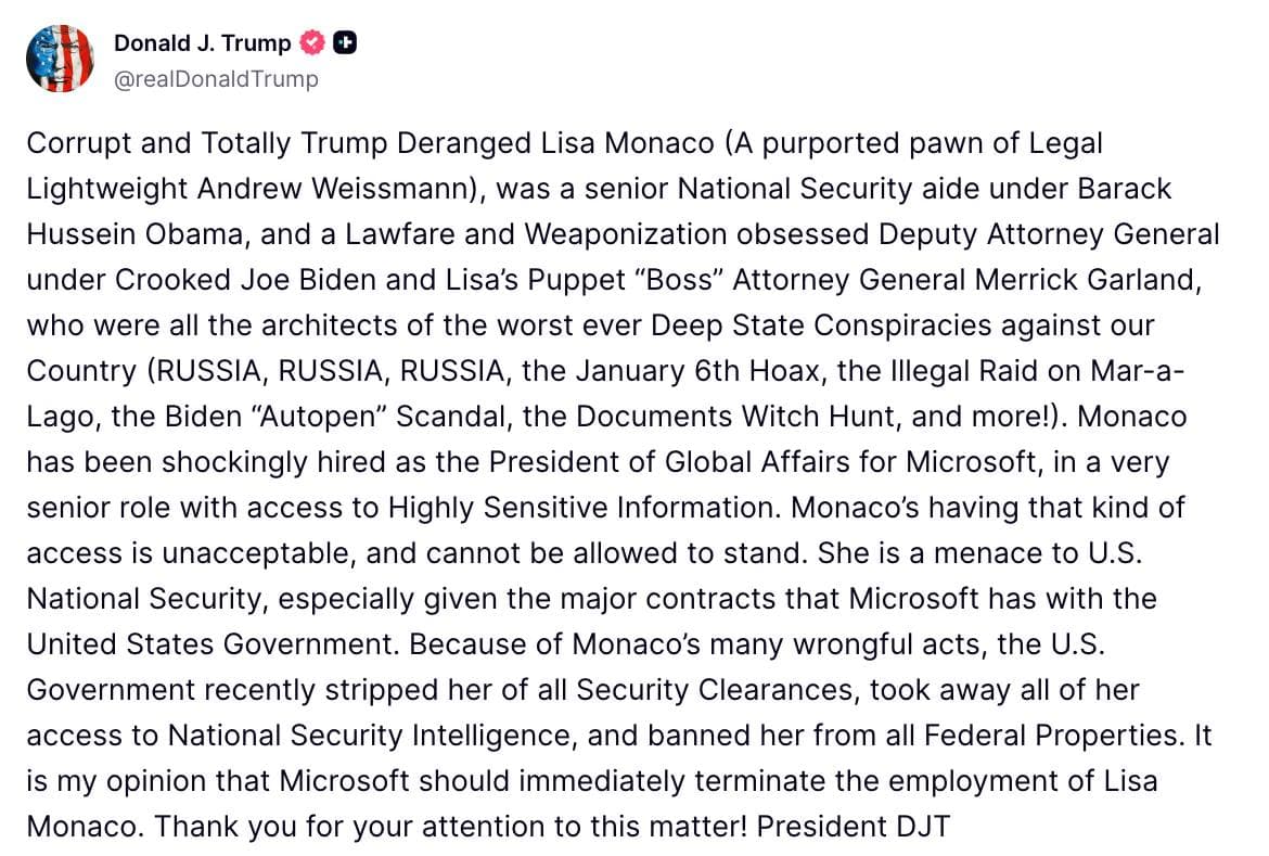 Trump criticizes Microsoft’s Lisa Monaco, calls for her firing