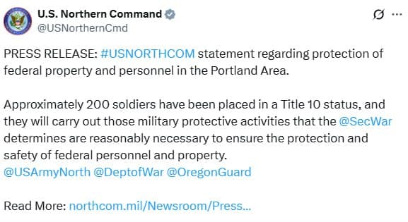 200 soldiers placed in Title 10 status for federal protection in Portland