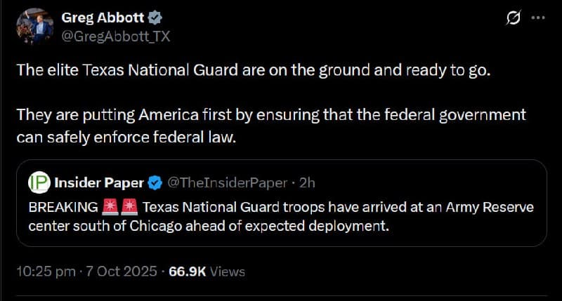 Texas Governor Greg Abbott deploys National Guard to Chicago