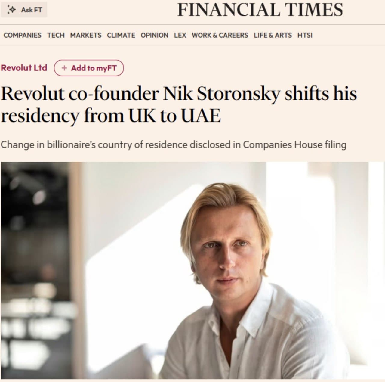 Revolut founder Nikolay Storonsky moves from London to UAE