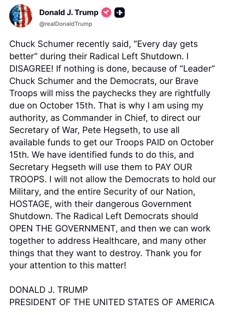 Trump orders Secretary of War to ensure service members are paid on October 15