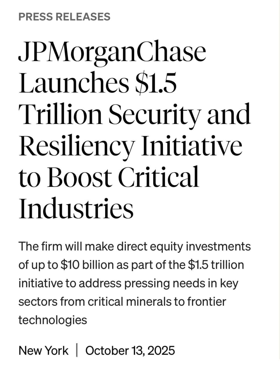 JPMorgan Chase to invest $1.5 trillion in 27 critical industries in America