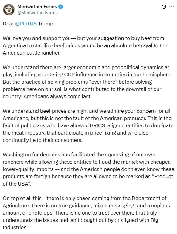 Meriwether Farms urges Trump to support American cattle ranchers