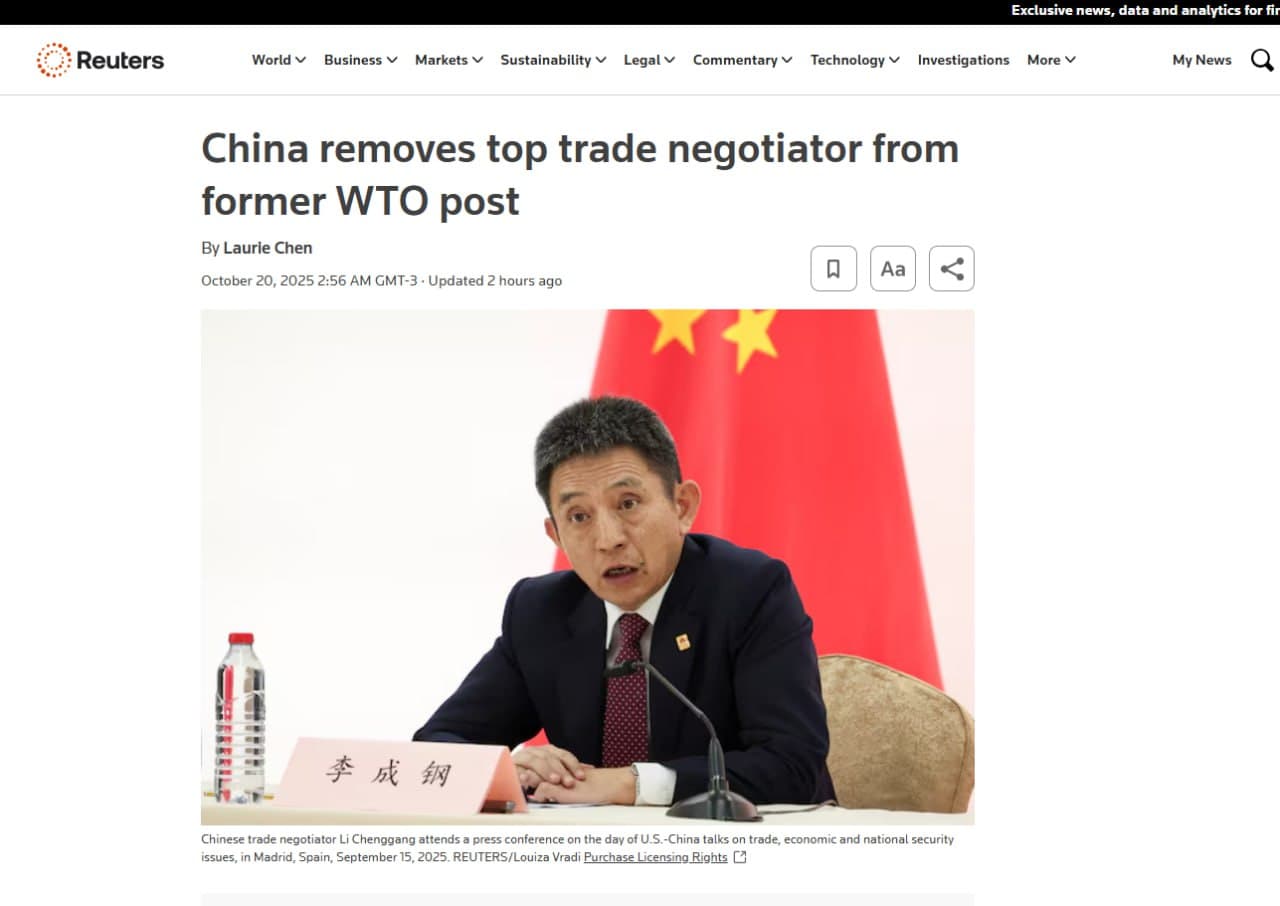 China removes Li Chenggang as WTO negotiator, appoints Li Yongjie