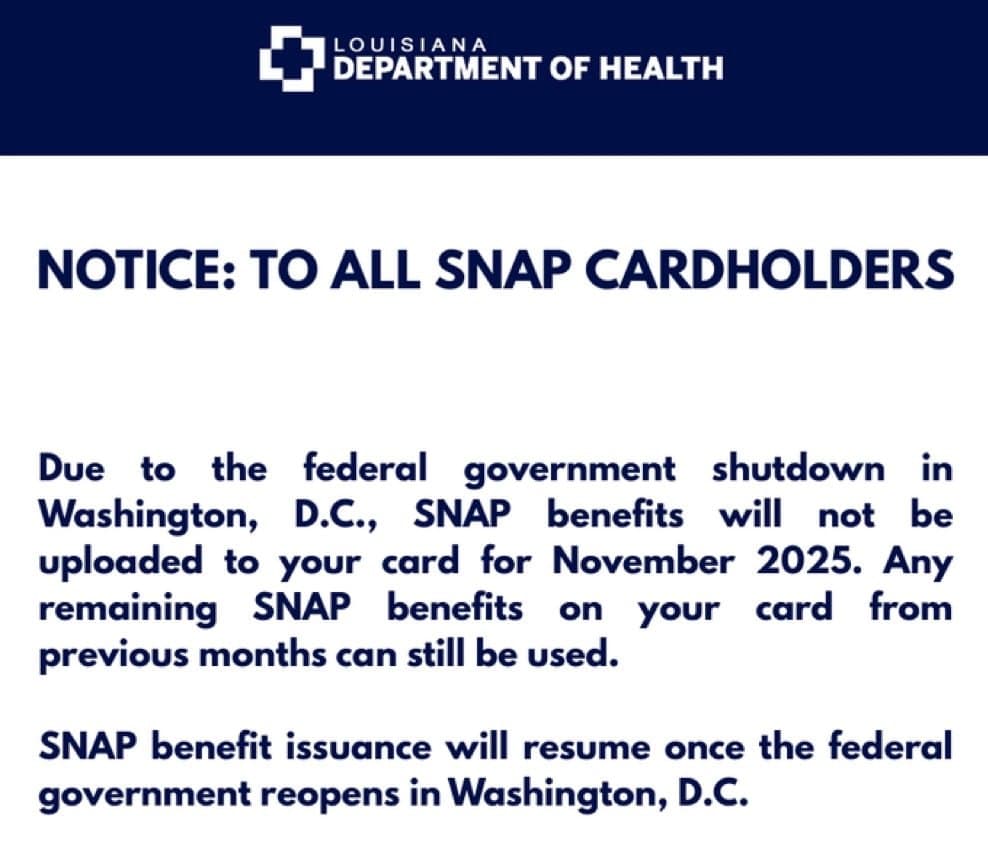 Louisiana Department of Health announces no SNAP funds for November 2025