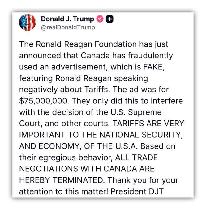 Trump cancels trade negotiations with Canada over Reagan video dispute