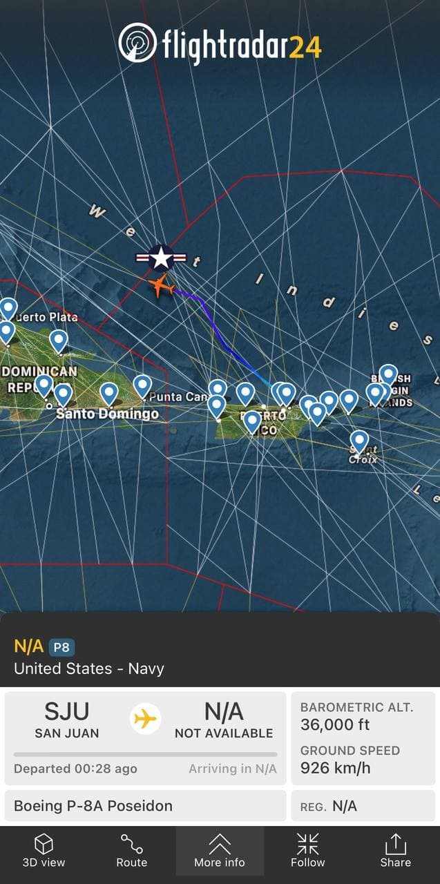 U.S. Navy P-8A Poseidon aircraft departs San Juan for surveillance mission