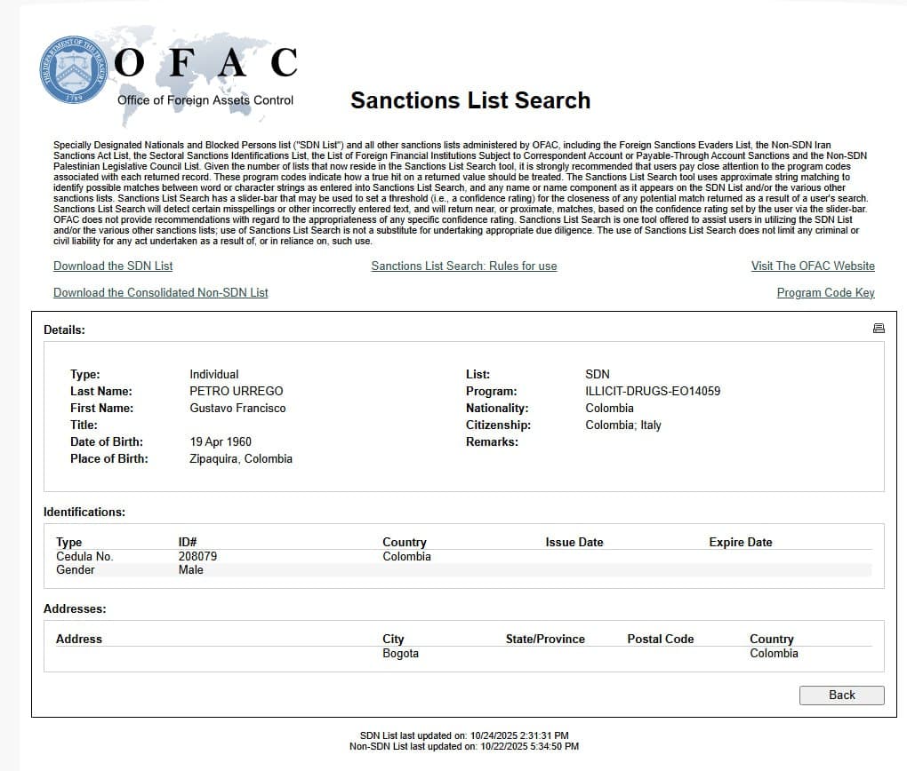 US sanctions Colombian President Gustavo Petro and family for narcotics ties