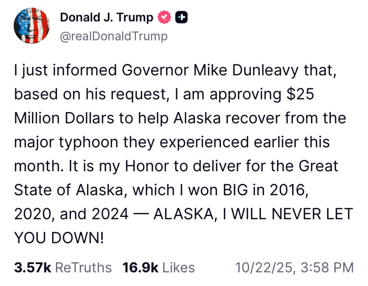 Donald Trump allocates $25 million to Alaska for Halong Typhoon repairs