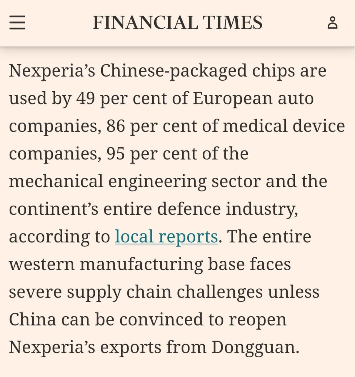 Half of Europe's auto companies and 95% of mechanical engineering use Nexperia chips