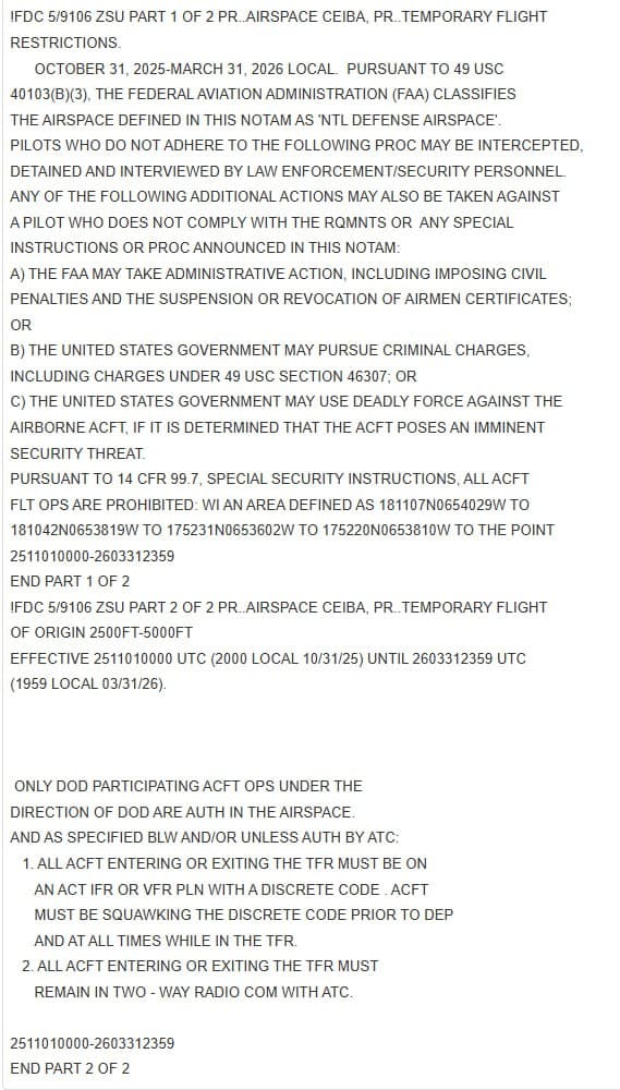 United States issues NOTAM for Puerto Rico airbases from October 31, 2025 to March 31, 2026