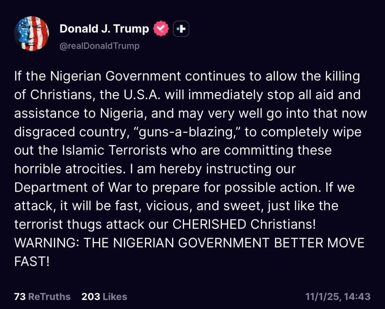 Trump threatens to halt aid to Nigeria and invade over Islamic terror attacks