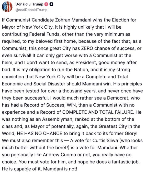POTUS warns against funding NYC if Communist candidate Mamdani wins