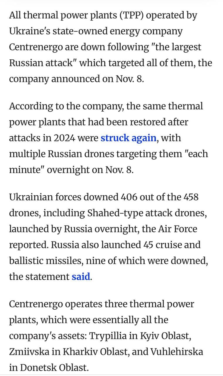Russia attacks and disables all thermal power plants in Ukraine