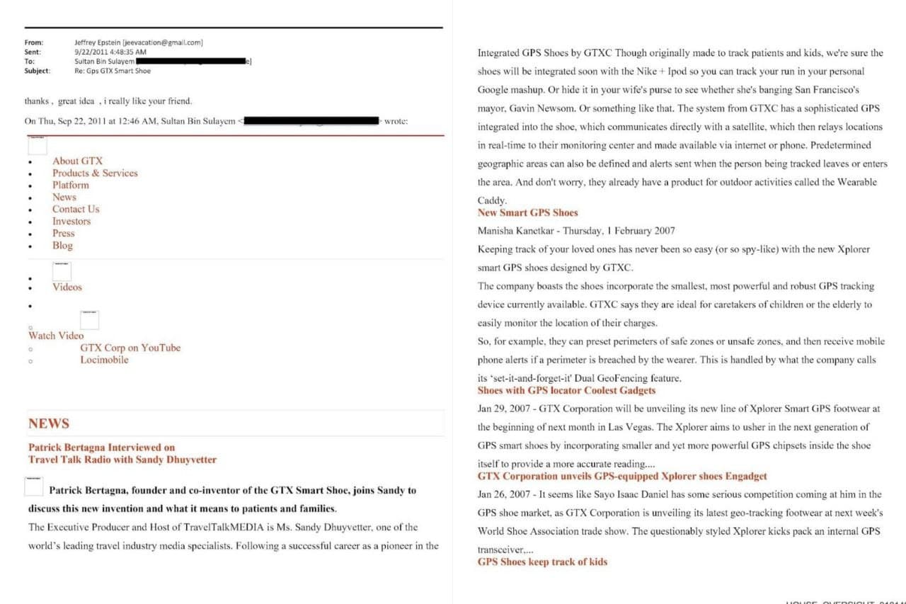 Jeffrey Epstein received email from Sultan Ahmed bin Sulayem about GPS shoes