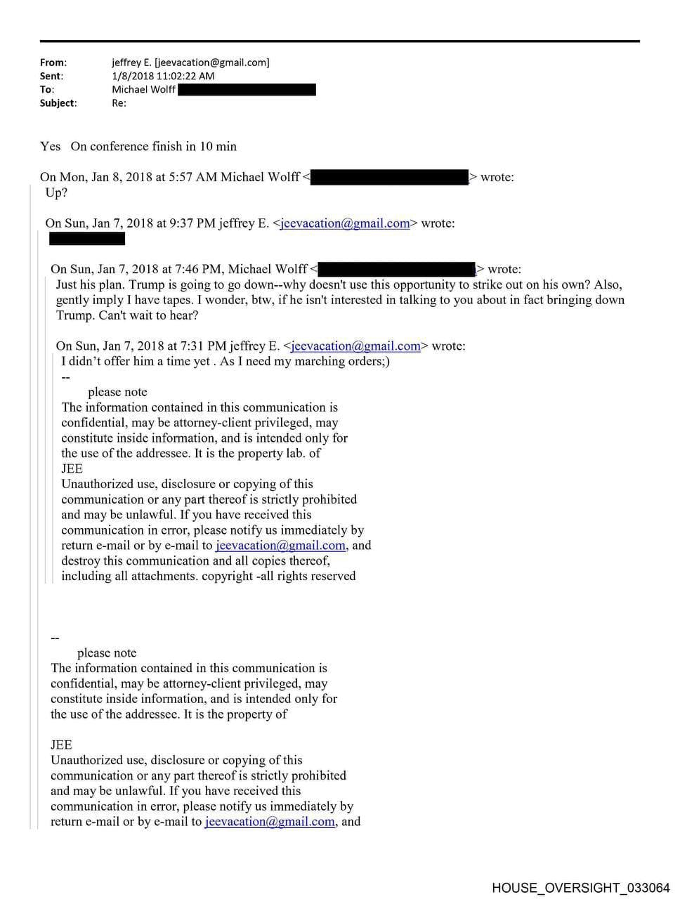 Michael Wolff admits to Jeffrey Epstein he has tapes of Donald Trump