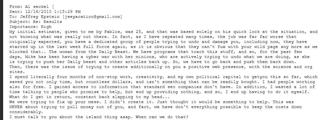 Jeffrey Epstein paid Al Seckel to remove negative articles in 2010