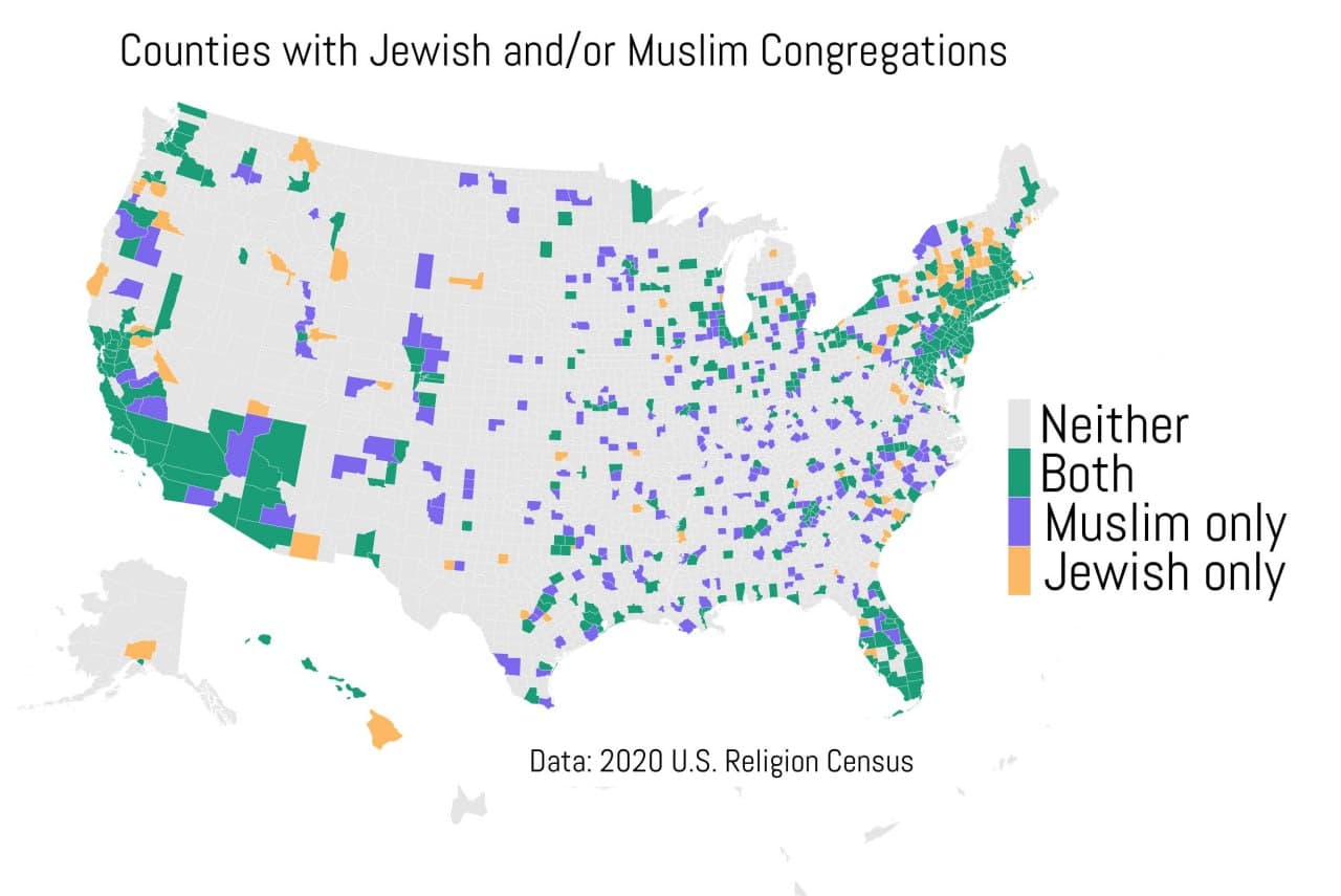 51% of U.S. counties with synagogues also have mosques