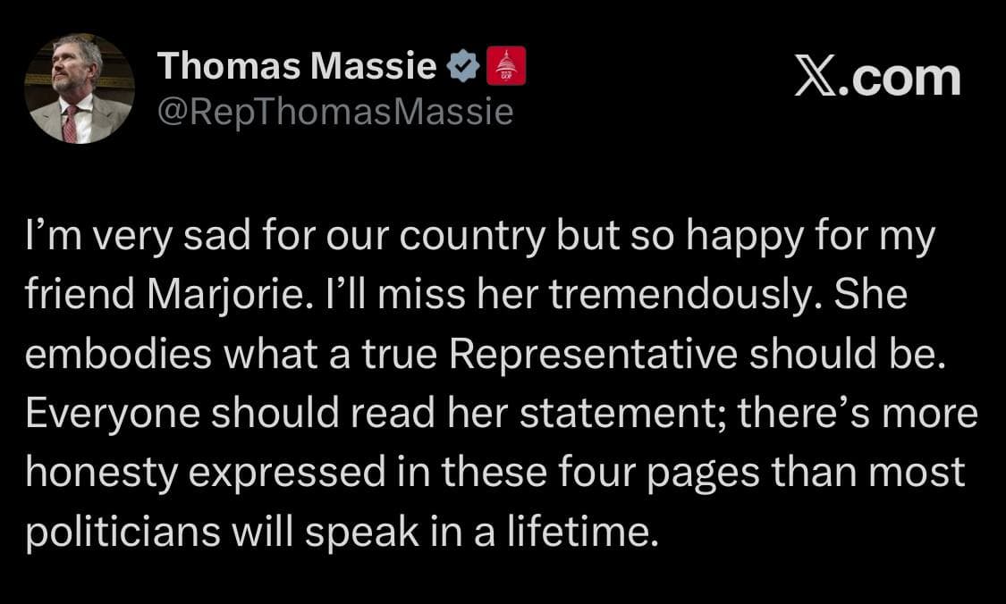 Thomas Massie expresses sadness over Marjorie Taylor Greene's resignation