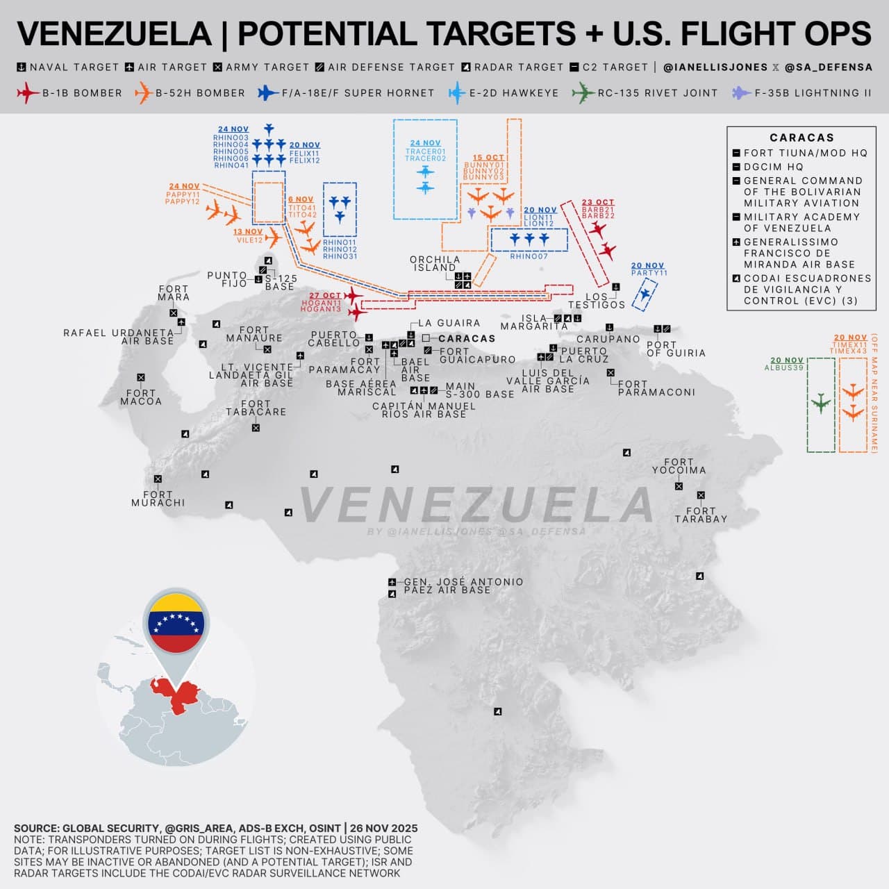 Modified map shows U.S. military targets and flight operations in Venezuela