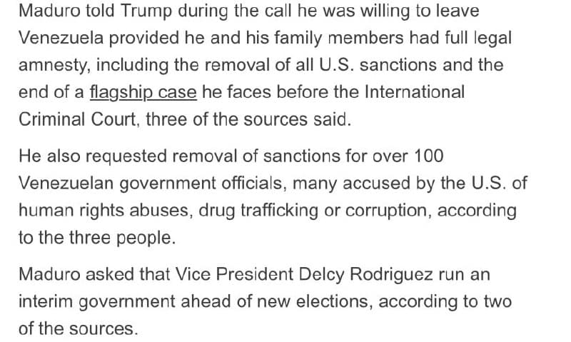 Maduro offers to leave Venezuela for amnesty and lifted sanctions, per Reuters