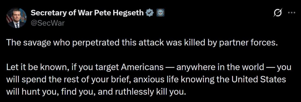 Secretary of War Pete Hegseth confirms attacker killed by partner forces