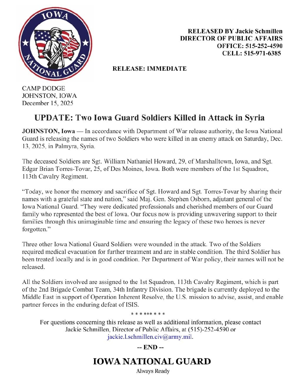 Iowa National Guard names two Soldiers killed in Syria attack