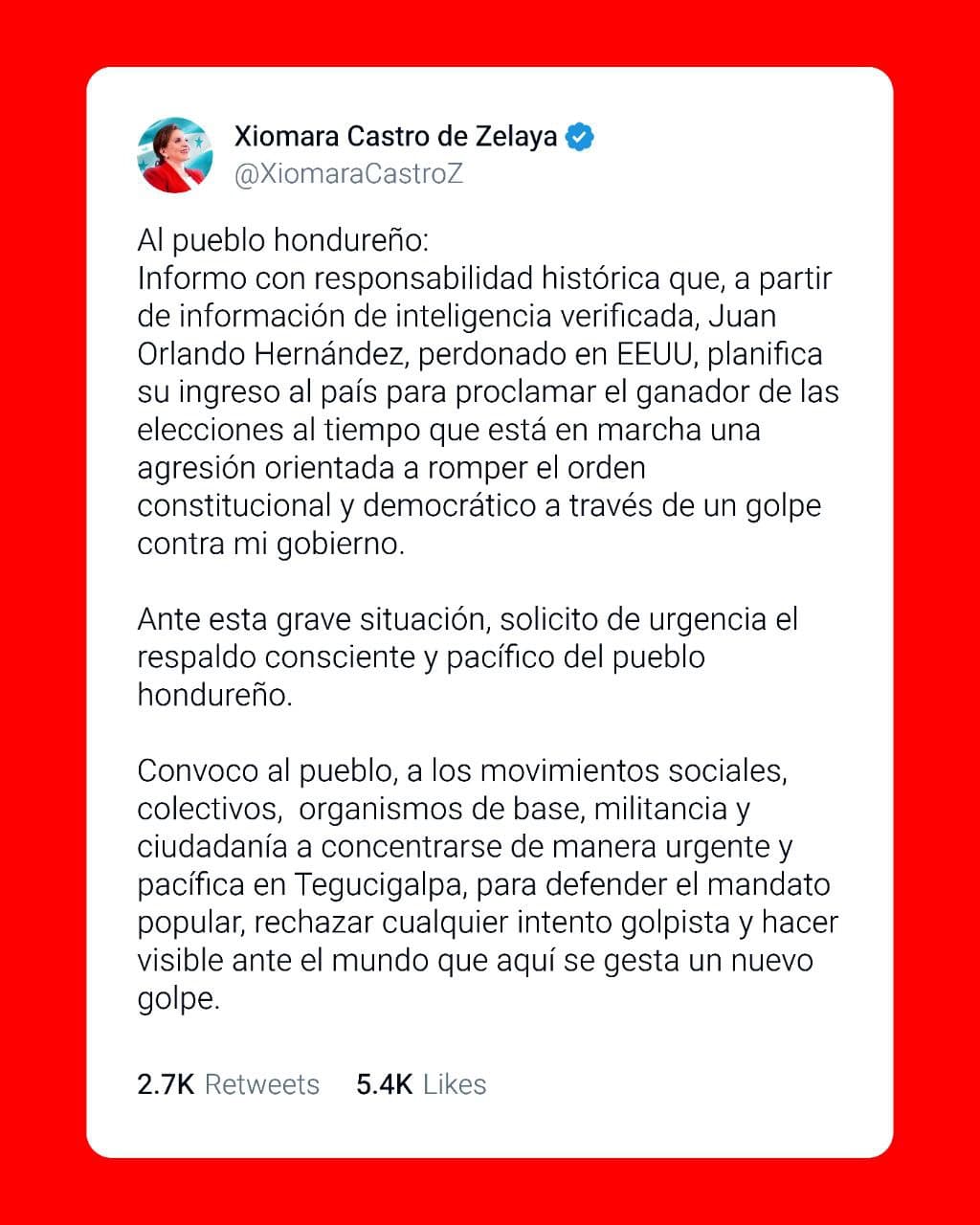 Xiomara Castro calls for peaceful protests in Tegucigalpa against coup attempt