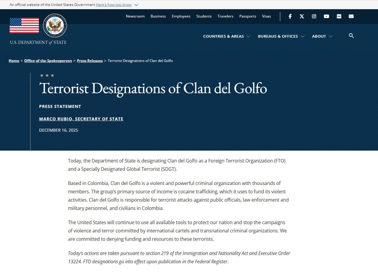 U.S. designates Clan del Golfo as Foreign Terrorist Organization