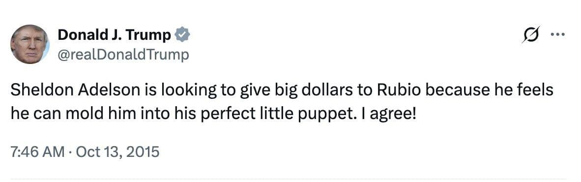 Trump claims Sheldon Adelson wants to fund Rubio as his 'puppet'