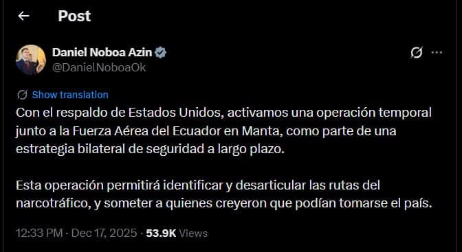 Ecuador activates operation with US support to combat drug trafficking