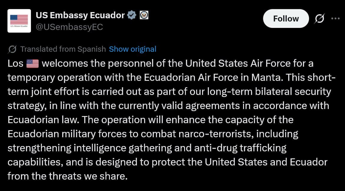 U.S. Air Force deploys to Ecuador for drug trafficking mission