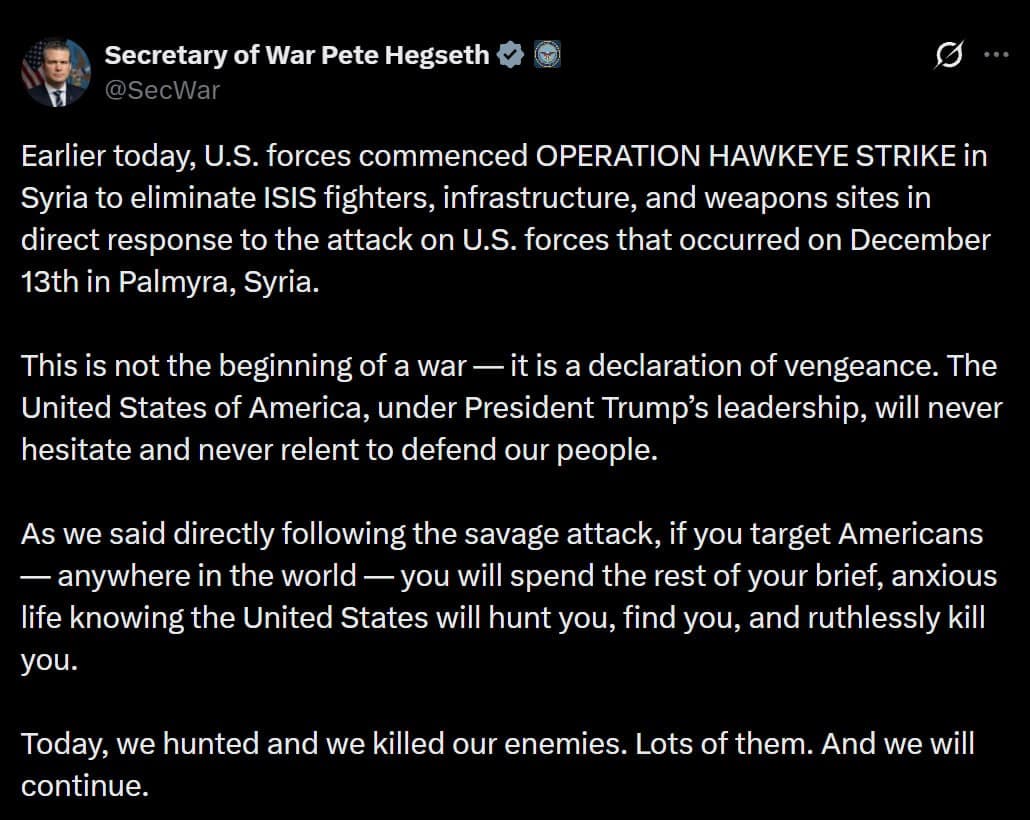 U.S. forces launch OPERATION HAWKEYE STRIKE against ISIS in Syria