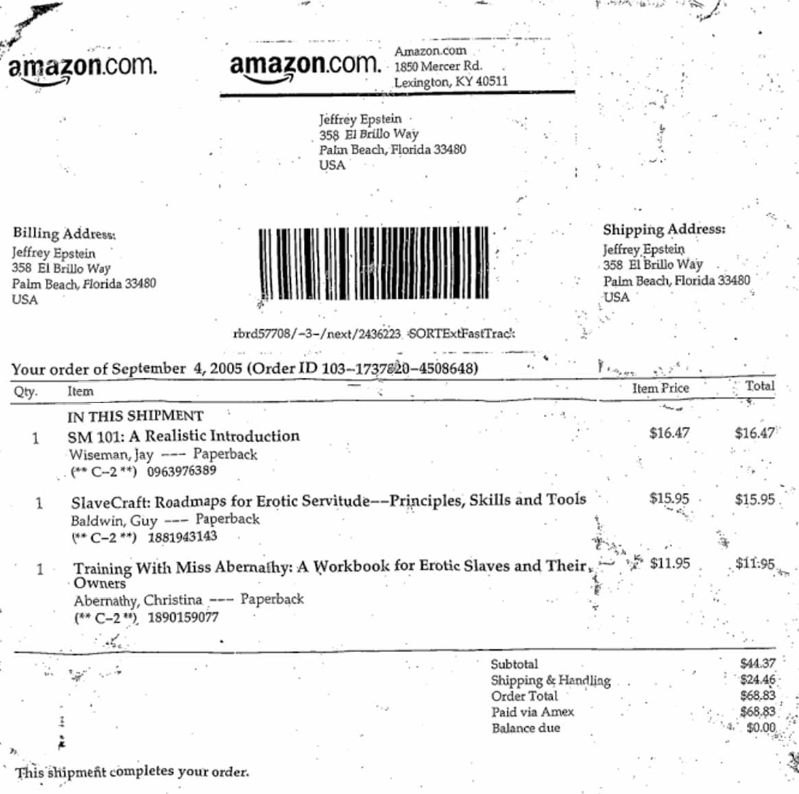 Amazon receipts reveal Jeffrey Epstein ordered books on sex slavery