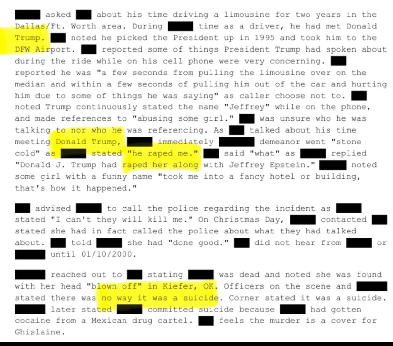 Victim alleges Trump and Epstein raped her before her suicide in 2000