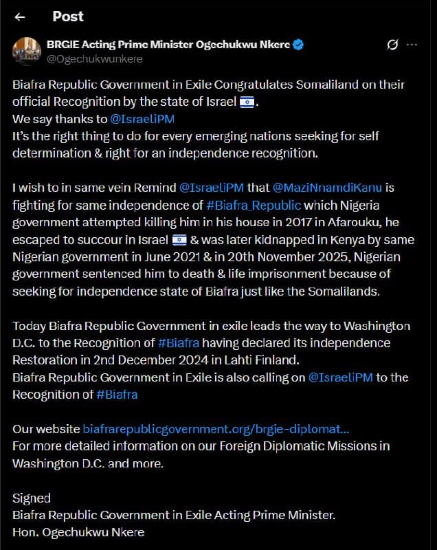 Biafran Separatists Seek Israeli Support After Somaliland Recognition