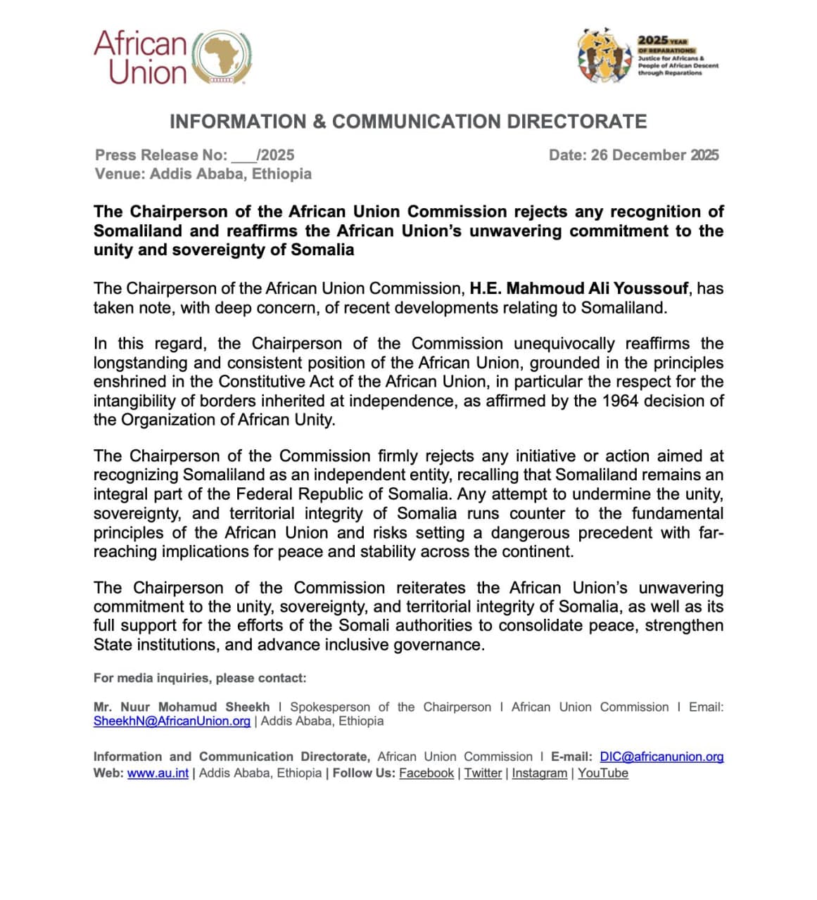 African Union rejects any recognition of Somaliland after Israel's move