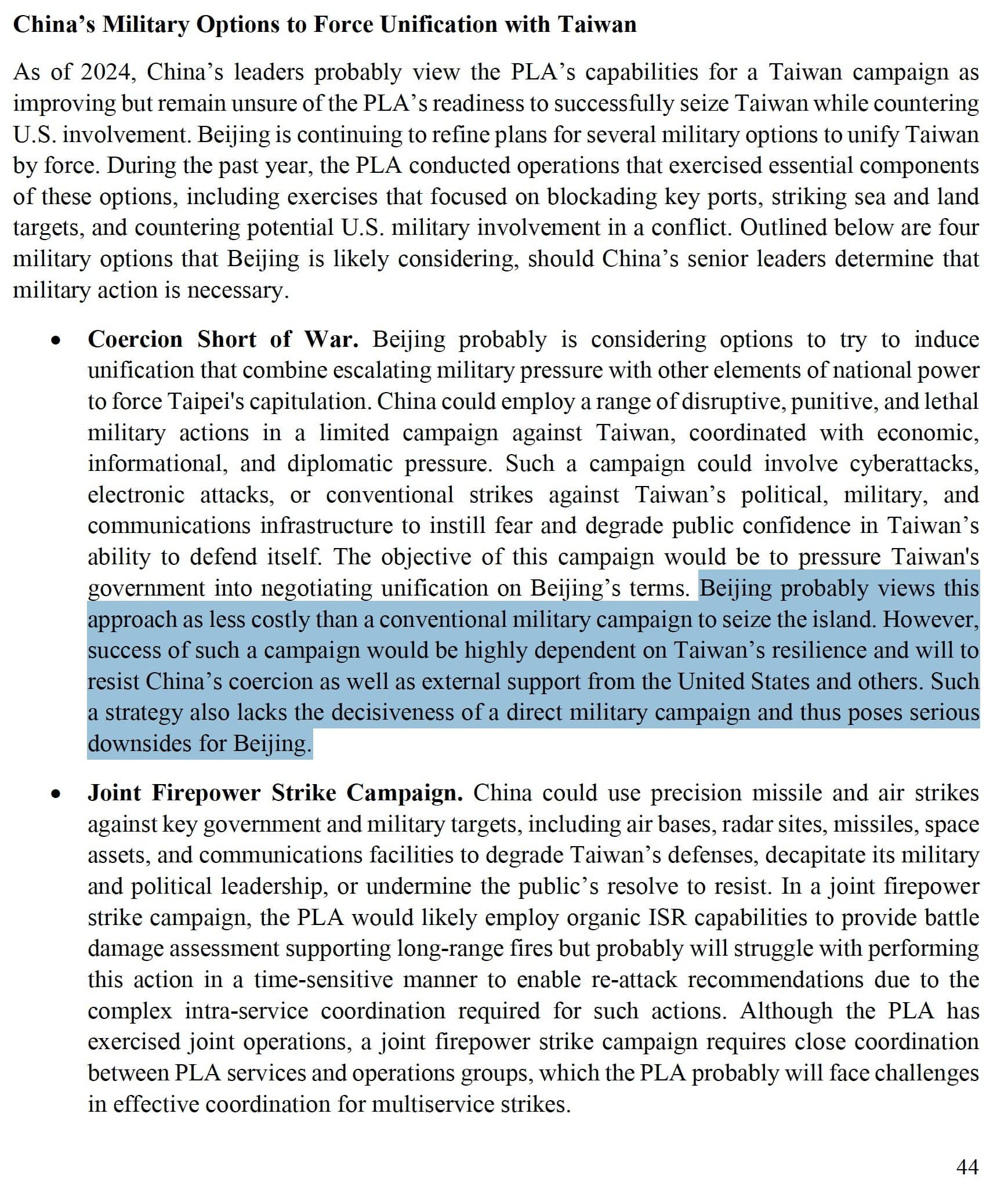 Report discusses China's options for Taiwan unification, notes lack of invasion ships