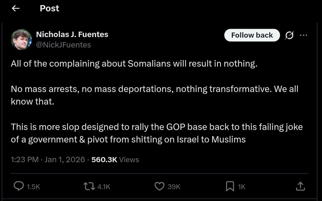 Nick Fuentes claims complaints about Somalians will lead to no action