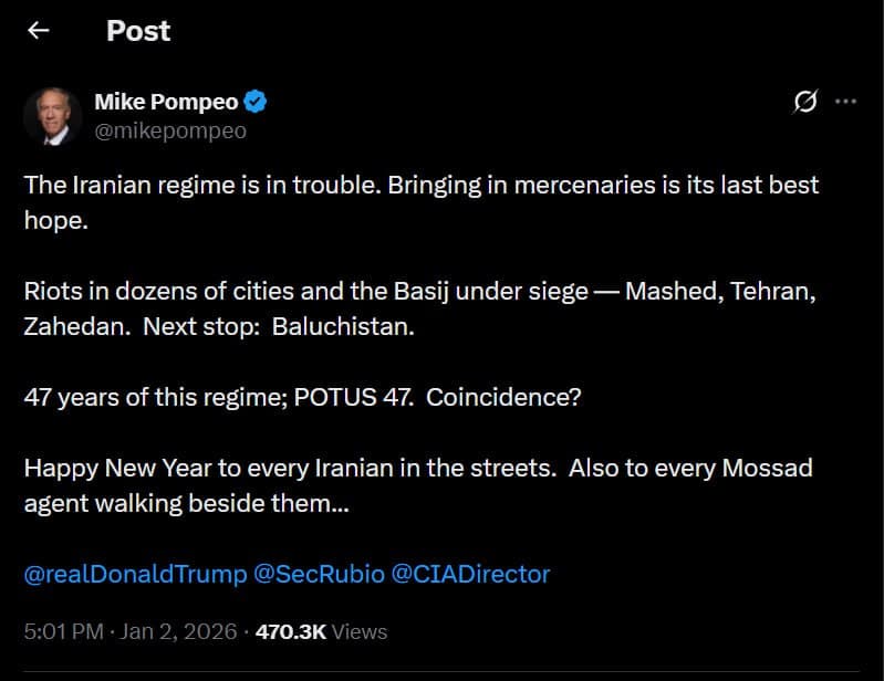 Mike Pompeo claims Iranian regime is in trouble, cites riots and mercenaries