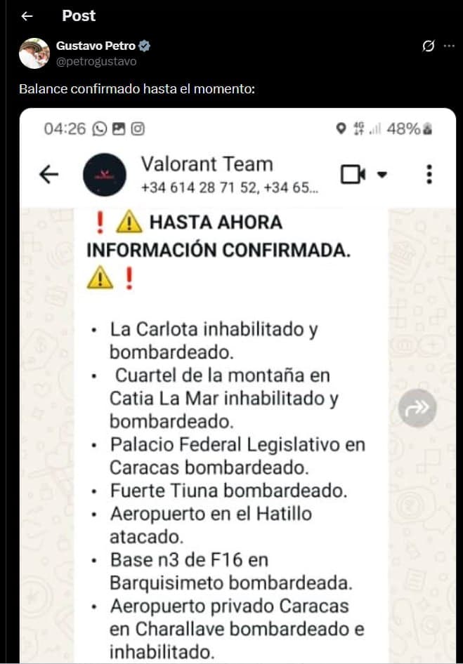 Colombian President Gustavo Petro confirms USAF bombed multiple Venezuelan sites