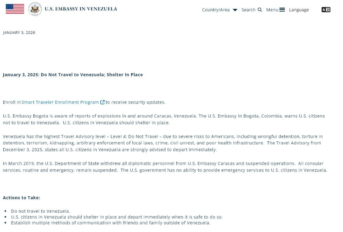 U.S. Embassy urges citizens to leave Venezuela immediately due to security risks