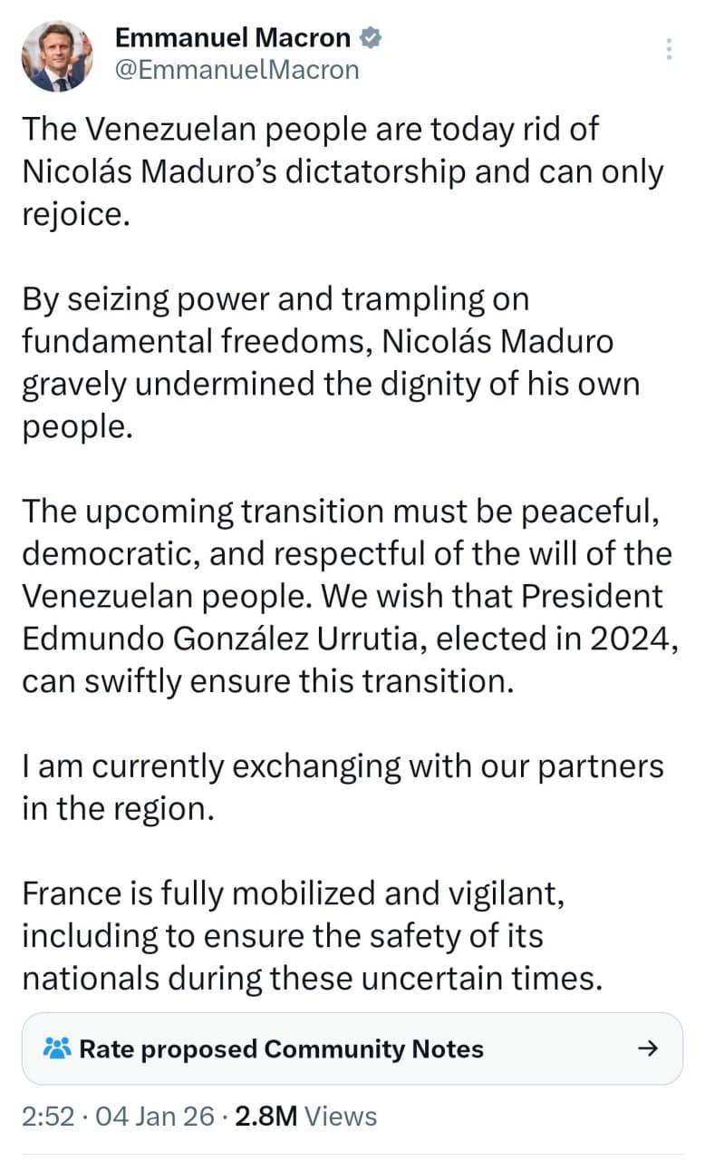 Macron supports Trump's Venezuela actions while Le Pen condemns them