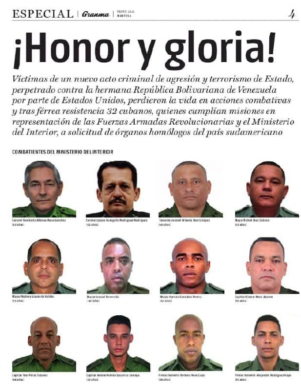 Cuba publishes list of 32 officers killed during US operation against Maduro