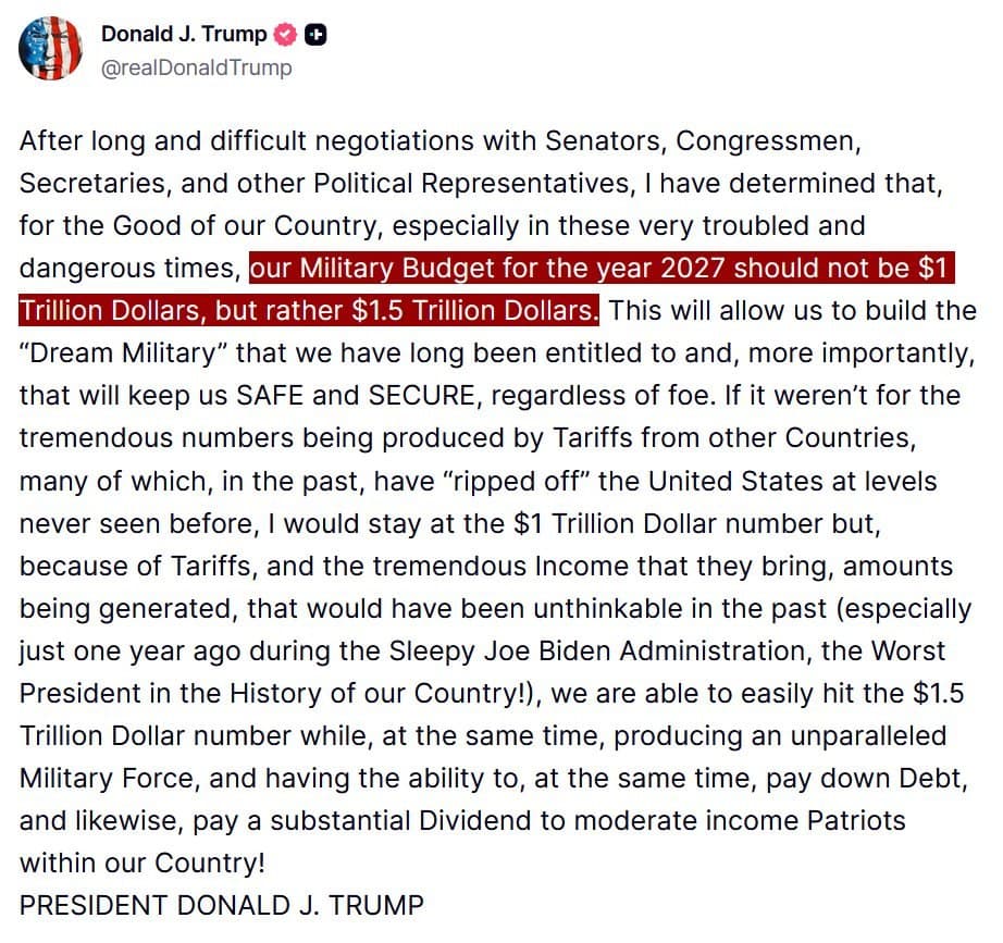 Trump calls for military budget increase to $1.5 trillion for 2027